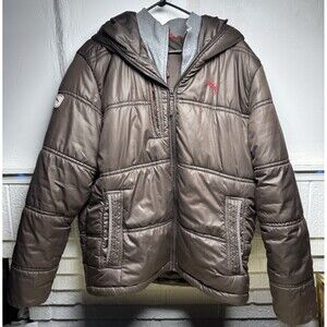 Vintage Puma Brown Sport Puffer Warm Winter Jacket Coat Hooded Size Large